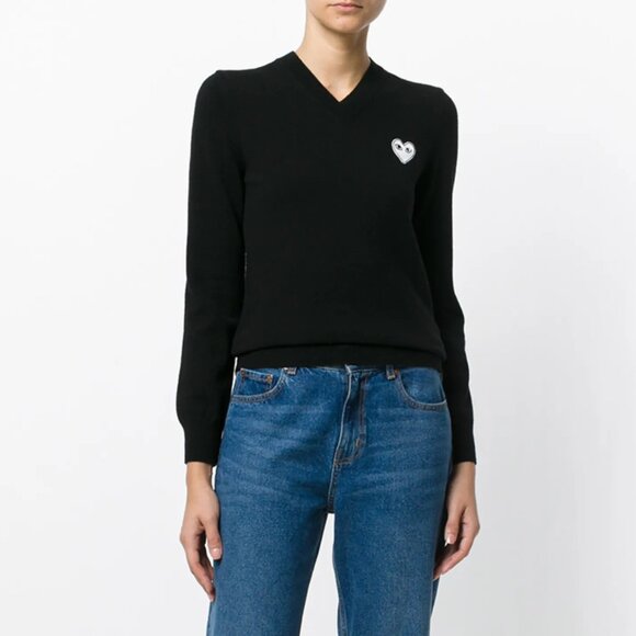 Comme des Garcons PLAY Black V-Neck Heart-Logo Sweater - Picture 1 of 9